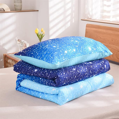 Holawakaka Kids Space Star Galaxy Bedding Comforter Set Twin/Twin XL Size Boys Girls Blue Indigo Ombre Print Gradient Glitter Stars Bed Sets (Blue, Twin)