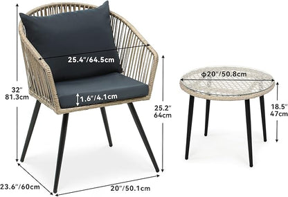 YITAHOME 3-Piece Outdoor Patio Furniture Wicker Bistro Set, All-Weather Rattan Conversation Chairs for Backyard, Balcony and Deck with Soft Cushions, Glass Side Table, Gray Rattan