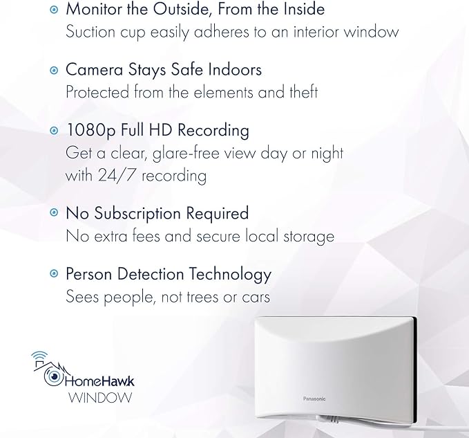 Panasonic HomeHawk Window Home Monitoring Camera for Outdoor Monitoring, Mounts to Inside Window, Color Night Vision, Wide Angle, 24/7 Full HD Recording, Person Detection, Alexa Compatible KX-HNC500