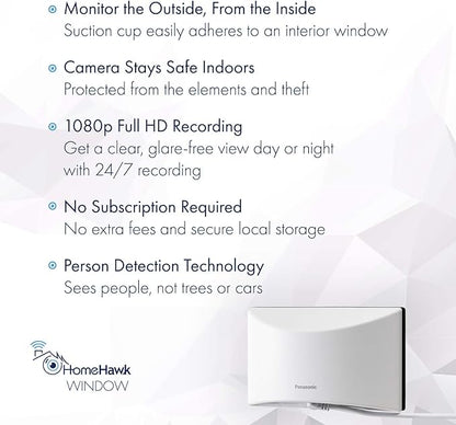 Panasonic HomeHawk Window Home Monitoring Camera for Outdoor Monitoring, Mounts to Inside Window, Color Night Vision, Wide Angle, 24/7 Full HD Recording, Person Detection, Alexa Compatible KX-HNC500