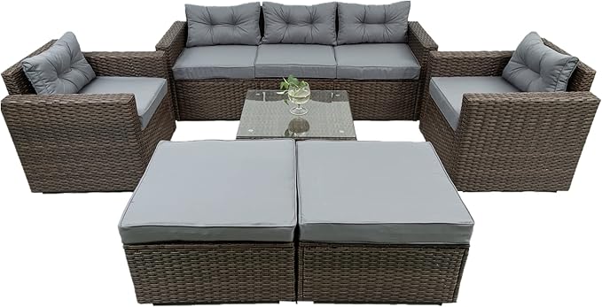 6-Piece Outdoor Rattan Patio Furniture Set, Wicker Sectional Sofa with Removeable Cushions and Tempered Glass Table Top, Conversation Couch for Garden Yark Lawn Backyard, Onesize, Brown