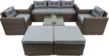 6-Piece Outdoor Rattan Patio Furniture Set, Wicker Sectional Sofa with Removeable Cushions and Tempered Glass Table Top, Conversation Couch for Garden Yark Lawn Backyard, Onesize, Brown