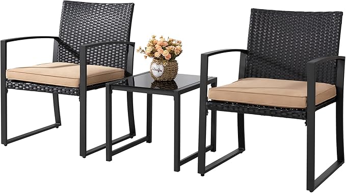 Shintenchi 3 Pieces Outdoor Patio Furniture Set, Modern Wicker Bistro Set, Conversation Rattan Chair of 2 with Coffee Table for Yard Porch Poolside Lawn(Khaki)