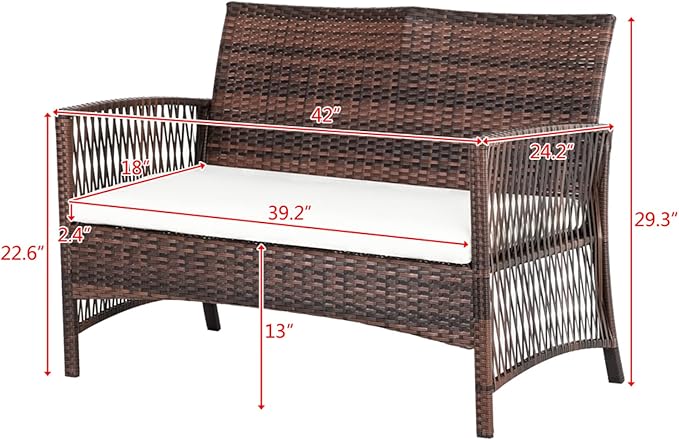Outvita 4 Pieces Patio Furniture Set, Rattan Conversation Sets with Loveseat Soft Cushion and Glass Table for Garden Backyard Balcony Porch Poolside (Brown)