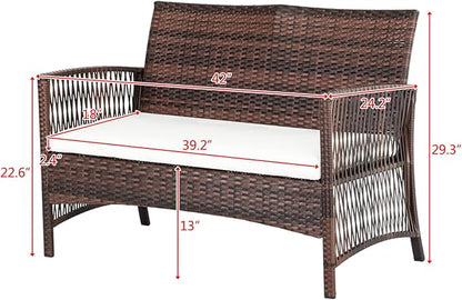 Outvita 4 Pieces Patio Furniture Set, Rattan Conversation Sets with Loveseat Soft Cushion and Glass Table for Garden Backyard Balcony Porch Poolside (Brown)