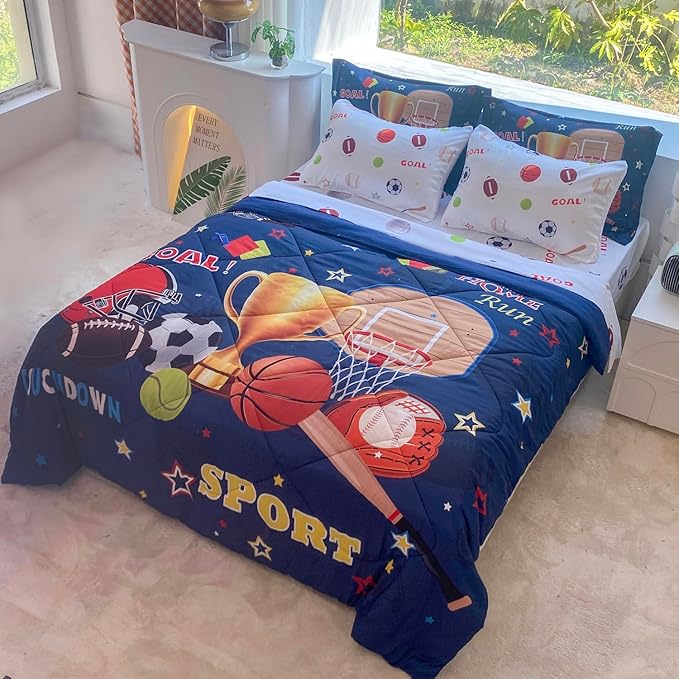 Sports Comforter Set Twin Size for Boys Kids Teens 7 Piece Basketball Baseball Bed in A Bag Soccer Football Trophies Bedding Set All Season Lightweight