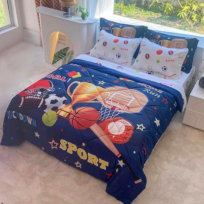 Sports Comforter Set Twin Size for Boys Kids Teens 7 Piece Basketball Baseball Bed in A Bag Soccer Football Trophies Bedding Set All Season Lightweight
