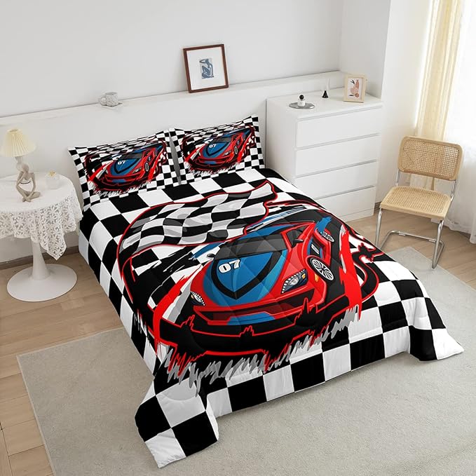 Erosebridal Racing Car Comforter Set, Dirt Bike Down Comforter,Cartoon Race Car Competition Extreme Sports Game Duvet Set for Kids Boys Teens Men, Red Automobile Quilted Duvet Decor 3 Pcs Queen Size
