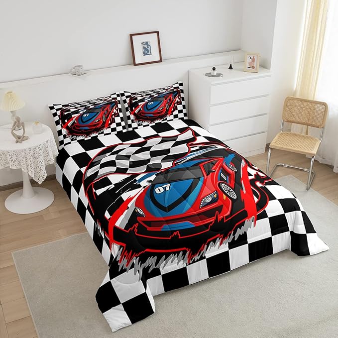 Racing Car Comforter Set Full Size, Cool Speed Race Car Down Comforter For Kids Boys Teens Bedroom, Automobile Extreme Sport Quilted Duvet White Black Grid Buffalo Comoforter With 2 Pillow Cases