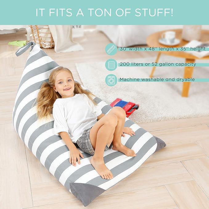 Aubliss Stuffed Animal Storage Bean Bag Chairs Cover, 50"x 35" Extra Large Bean Bags Chair for Kids Adults, Beanbag Toy Storage for Boys Girls - Premium Cotton Canvas Grey Stripe
