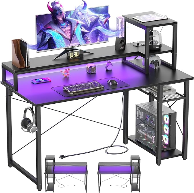 Gaming Desk with Lights & Power Outlets, 39.4' Computer Desk with Shelves, Small Desk for Small Space, Writing Desk with Monitor Stand, Black