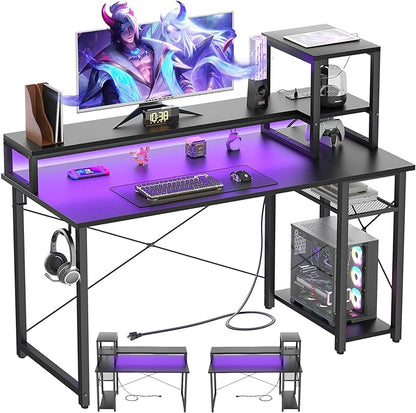 Gaming Desk with Lights & Power Outlets, 39.4' Computer Desk with Shelves, Small Desk for Small Space, Writing Desk with Monitor Stand, Black