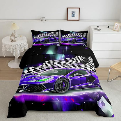 Purple Race Car Comforter Set Twin Size, Black White Lattice Bedding Set 2pcs for Kids Boys Teens Room Decor,Extreme Sport Games Quilt Set,Cool Modern Duvet Insert with 1 Pillowcase