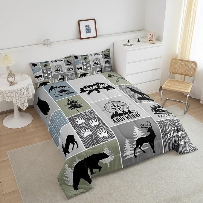 Rustic Farmhouse Cabin Kids Comforter Set King Size,Deer Bear Hunting Adventure Bedding Set for Boys Girls Adults Room Decor,Geometric Plaids Down Comforter,Gray Green Duvet Insert,2 Pillowcases