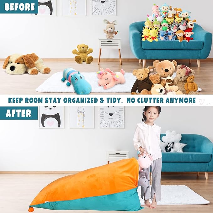 Stuffed Animal Storage Bean Bag Chair Cover, Velvet Turquoise Orange Plush Toy Storage Stuff and Sit Seat for Kids/Teens/Adults, 52" x 31" Extra Large Triangle Sofa, 200L/52Gal, Cover Only
