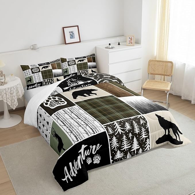 Camper Adventure Kids Comforter Set King Size,Deer Antlers Bear Paws Rustic Farmhouse Bedding Set for Boys Girls Adults Room Decor,Atzec Arrows Boho Down Comforter,Camo Duvet Insert,2 Pillowcases