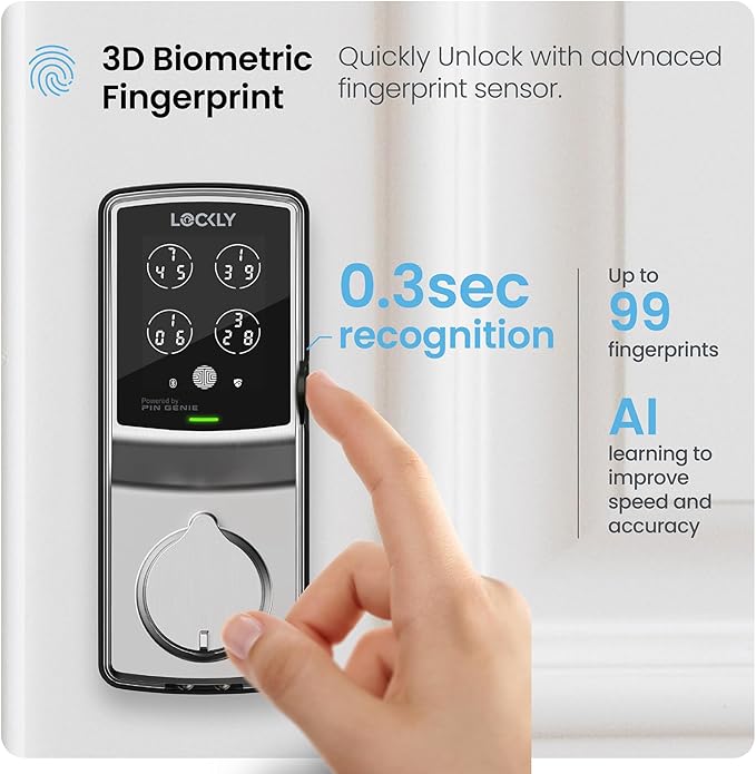 Lockly Secure Pro Wi-Fi Smart Door Lock, Keyless Entry with PIN Genie® Digital Keypad, 3D Biometric Fingerprint Sensor Front Door Lock Deadbolt, Voice Control & Auto Lock - Deadbolt Edition