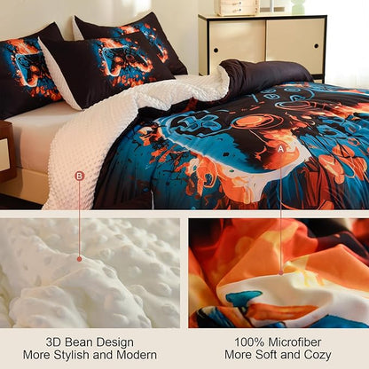 Video Game Full Size Comforter Set for Boys Kids Teens Gamepad Gaming Controller and Fire Pattern Bedding Set- 3 Piece Quilt with 2 Pillowcases (80"x90")