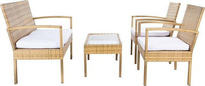 SAFAVIEH Outdoor Collection Bassey Natural/White Cushion 4-Piece Conversation Patio Set PAT7507D