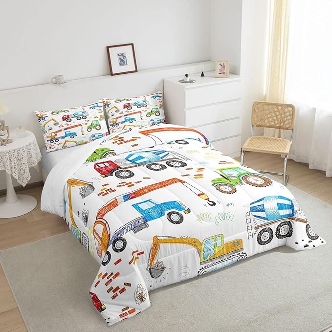 Feelyou Boys Excavator Bedding Set Construction Vehicles Comforter Set for Kids Girls Watercolor Tractor Crane Truck Comforter Colorful Design Quilt Set Room 2Pcs Twin Size
