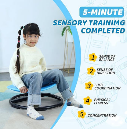 Sensory Spinning Chair for Kids, Autistic Childs Swivel Chair, Sit and Spin Toy, Training Body Coordination, Metal Base Non-Slip Indoor and Outdoor Activity Spins Toys (Round-Blue)