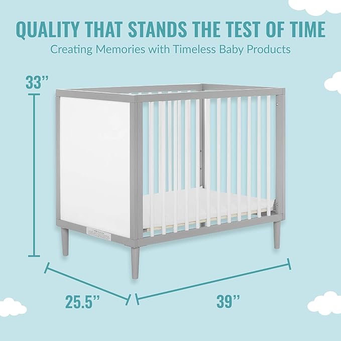 Lucas Mini Modern Crib with Rounded Spindles & Sunset 3” Extra Firm Fiber Crib Mattress, Greenguard Gold Certified, Waterproof Vinyl Cover, Baby Mattresses for Cribs