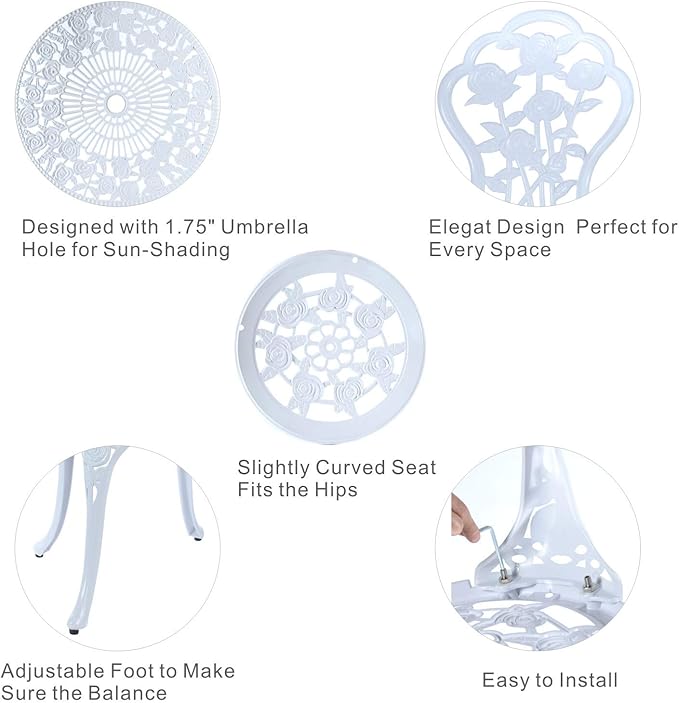 3 Piece Bistro Set,Outdoor Patio Set,Anti-Rust Cast Aluminum Bistro Table Set for Park Yard Front Porch Furniture(White)