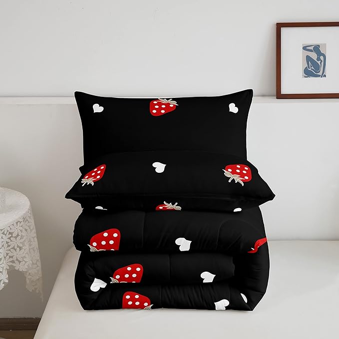 Red Strawberry Bedding Set Full Size, Soft Kawaii Strawberry Comforter Set For Kids Girls Boys Bedroom Decor, Cute Fruits Theme Sweet Strawberry Down Comforter Lightweight Reversible Duvet Set, Black