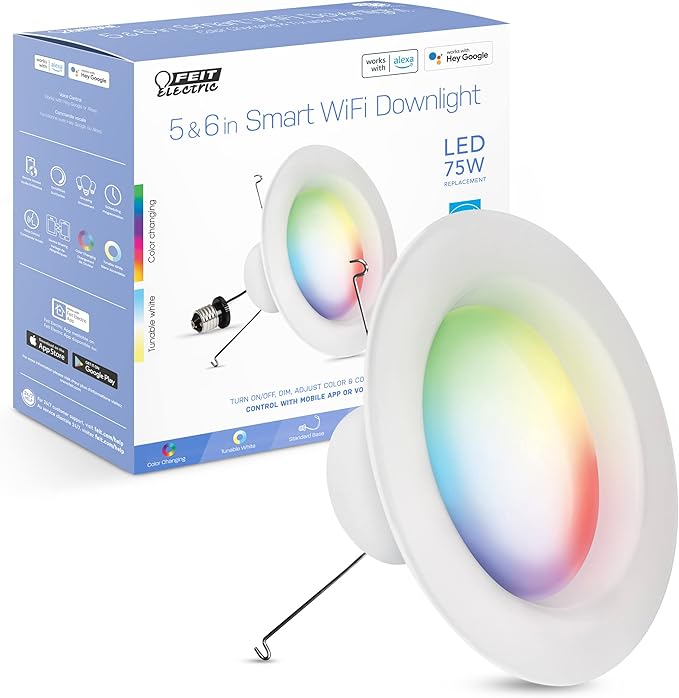 Feit Electric Smart Recessed Downlights, 5-6 Inch, Wi-Fi LED, Dimmable Color-Changing, 1000 Lumens, 11.1W (75W Equivalent), Voice & App Control, Daylight to Soft White, 50,000 Hour Lifespan