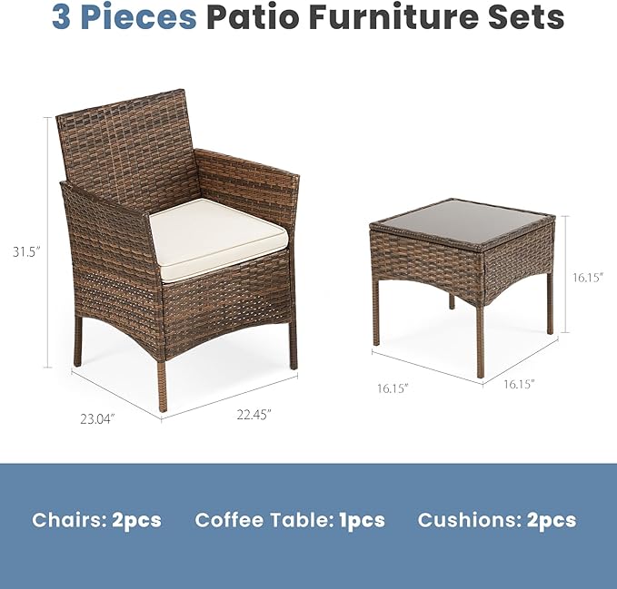 DUMOS Set 3 Pieces Outdoor Furniture with Soft Cushion and Glass Table, All Weather Manual Weaving Wicker Rattan Patio Chairs for Garden, Terrace, Porch, Lawns, Brown