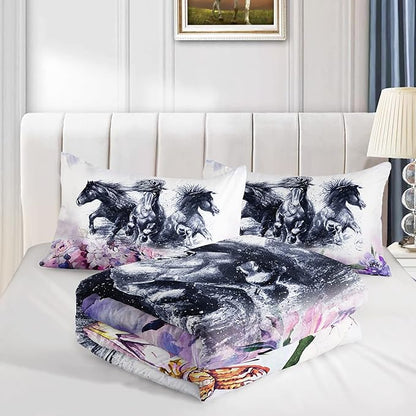 Kid Galloping Horse Comforter Set Room Purple Floral Animal Theme Handsome Horse Bedding Set for Boys Girls Adult, 1 Comforter + 2 Pillowcases