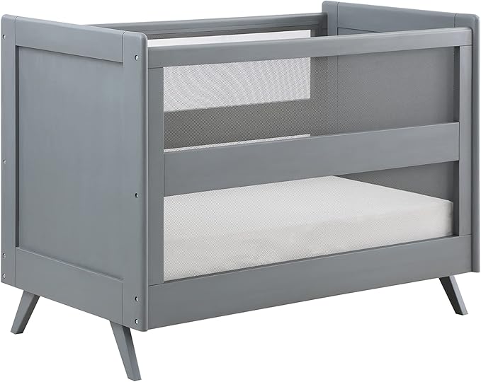BreathableBaby Breathable Mesh 3-in-1 Convertible Crib (Toddler Bed Kit Sold Separately) — Gray — Two Adjustable Mattress Heights — Greenguard Gold Certified