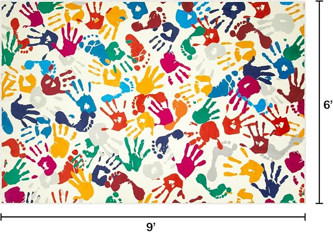 Large Colorful Kids Rug 6x9 Ft, Non-Slip Washable Rug for Classroom, Handprints and Footprints Rugs for Playroom, Soft Nursery Rug Indoor Play Mat for Kids Room Daycare School