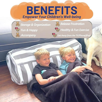 Stuffed Animal Storage Bean Bag Cover for Kids - Organize, Sit, Play & Box Help Promote Comfort and Relaxation - Perfect Playroom & Bedroom Plush Toys Beanbag, Cylinder, Best Gift for Kids