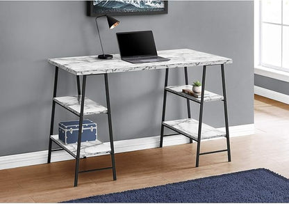 Monarch Specialties 7527 Computer Desk, Home Office, Laptop, Storage Shelves, 48" L, Work, Metal, Laminate, White Marble Look, Black, Contemporary, Modern Desk-48, 47.25" L x 23.75" W x 30" H