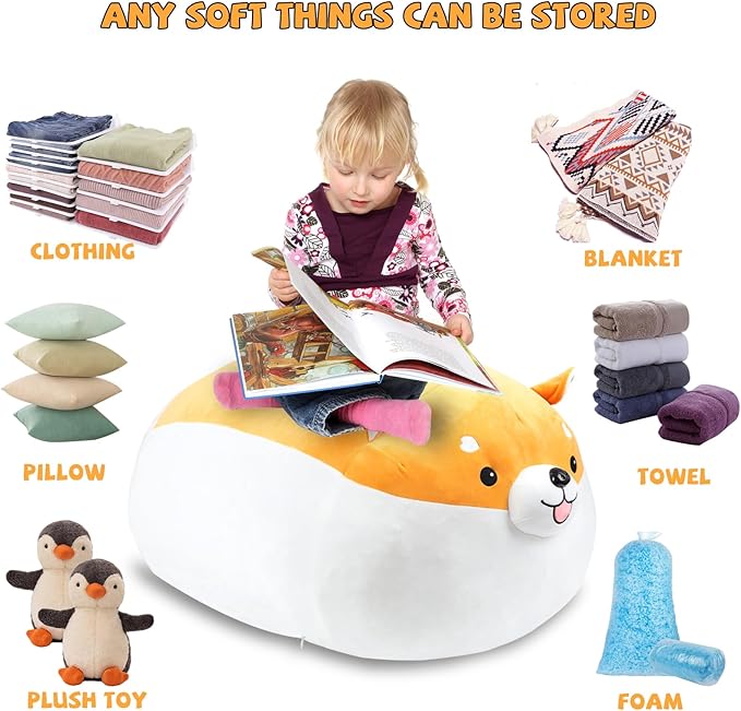Stuffed Animal Storage Bean Bag Chair Cover for kids Cute Shiba Inu Yellow Dog Large Beanbag Plush Toy Bedroom Décor Organizer Cover, No Beans