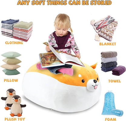 Stuffed Animal Storage Bean Bag Chair Cover for kids Cute Shiba Inu Yellow Dog Large Beanbag Plush Toy Bedroom Décor Organizer Cover, No Beans