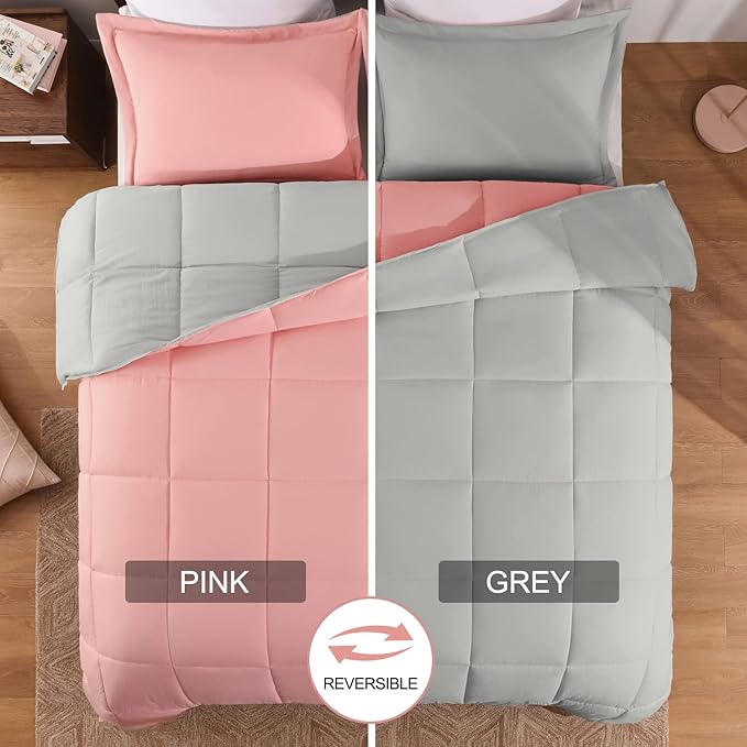 Basic Beyond Queen Comforter Set - Fluffy Comforter Queen Set for All Seasons - Reversible Pink Comforter Set Queen for Mens - 3 Pieces (1 Comforter + 2 Pillow Shams) - Pink/Grey
