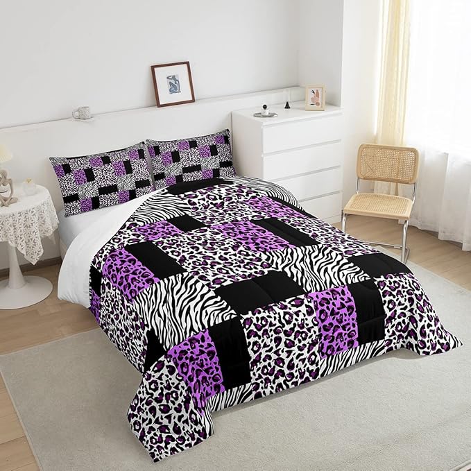 Erosebridal Twin Size Cheetah Bedding Sets for Girls,Patchwork Zebra Leopard Black Purple Comforter Set for Kids Women,Black White Stripes Checkered Quilt Comforter Wild Animal Bedroom Decor 2 Pcs