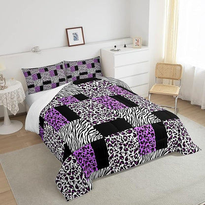 Erosebridal Twin Size Cheetah Bedding Sets for Girls,Patchwork Zebra Leopard Black Purple Comforter Set for Kids Women,Black White Stripes Checkered Quilt Comforter Wild Animal Bedroom Decor 2 Pcs