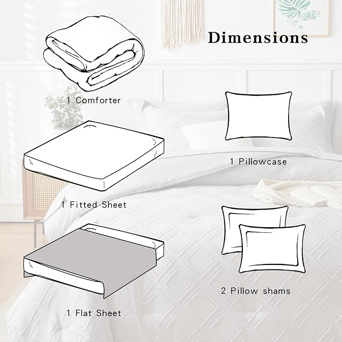 6 Pieces Tufted Bed in a Bag Twin Comforter Set with Sheets Light Grey, Soft and Embroidery Shabby Chic Boho Bohemian Design, Solid Color with Diamond Pattern, Jacquard Tufts Bedding Set for Kids