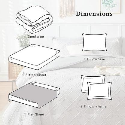 6 Pieces Tufted Bed in a Bag Twin Comforter Set with Sheets Light Grey, Soft and Embroidery Shabby Chic Boho Bohemian Design, Solid Color with Diamond Pattern, Jacquard Tufts Bedding Set for Kids