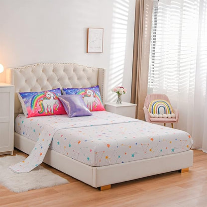 Aimuan Girls Unicorn Comforter Set 6 Pieces Pink Purple Bedding Set with Rainbow Star Galaxy Stars Fantasy Children Room Decor Soft Reversible Bed Sets for Boys/Girls/Teens (Pink-purple Twin6Pcs)
