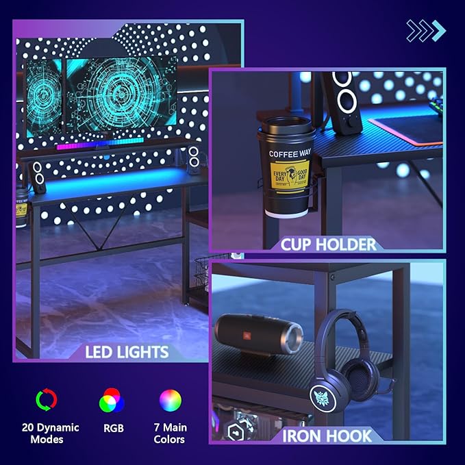L Shaped Gaming Desk with Power Outlets & LED Strip Lights,Computer desk with Large Monitor Stand,Corner Desk with Storage Shelf,Headphone Hook&Cup Holder for Home Office