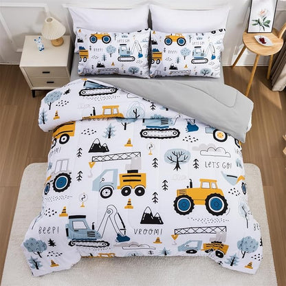 NTBED 5 Pieces Construction Truck Twin Comforter Set for Boys Kids Forest Vehicles Excavator Lightweight Microfiber Bedding Sets