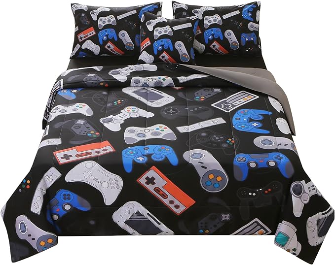 JQinHome Queen Gamer Comforter Set for Boys,6 Piece Bed in A Bag 3D Video Game Bedding -All Season Soft Microfiber Down Alternative Comforter Gamer Bedding Sets for Kids(Gamepad Collection)