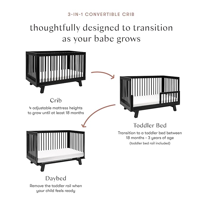 Babyletto Hudson 3-in-1 Convertible Crib with Toddler Bed Conversion Kit in Black, Greenguard Gold Certified