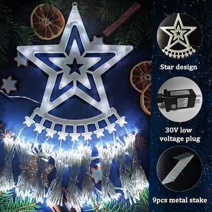 Aokudoni Christmas Decorations Outside, 12.6FT 350 LED 8 Modes Star Christmas Lights Outdoor, Christmas Lights for House Yard Porch Holiday Decoration, Cool White