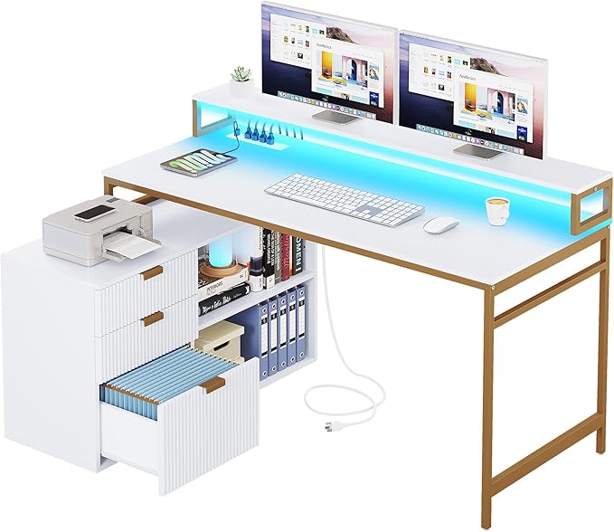 YITAHOME L Shaped Desk with Drawers, 55" Corner Computer Desk with Power Outlets & LED Lights, Large L-Shaped Office Desk with File Cabinet, White & Gold
