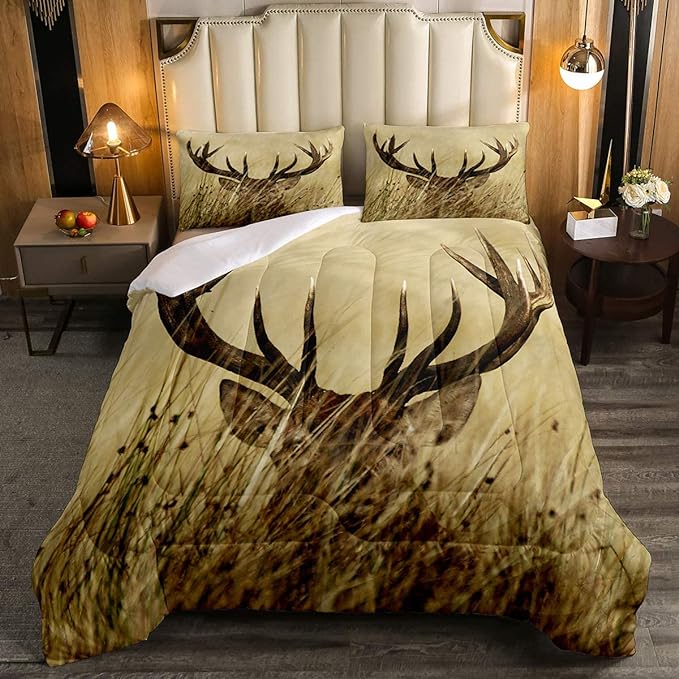 Antler Comforter Set Twin, Whitetail Deer Down Comforter, Stag Quilted Duvet, Countryside Rural Hunting Theme Comforter Set for Christmas Decorations Bedroom Decor All Season, Ultra Lightweight